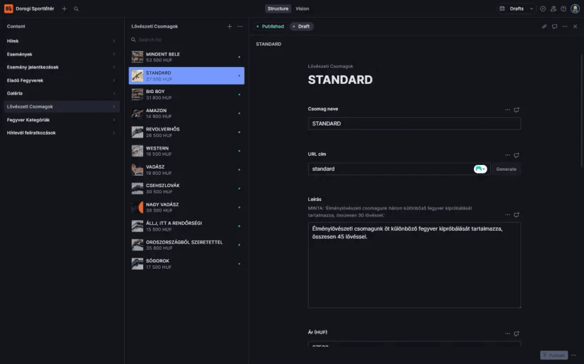 Sanity CMS studio: editors can publish posts, manage events, view newsletter subscribers, and add products, all from one place.